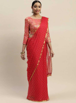 AVOJEE Printed Bandhani Chiffon Saree(Red)