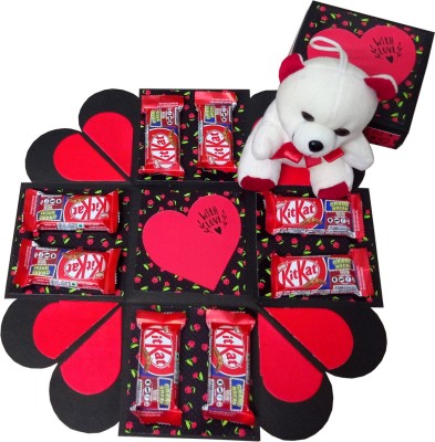 Easycraftz Red Heart Explosion Chocolate Box (8 Kit Kat chocolates 10 rupees each) Greeting Card(Red, Pack of 1)