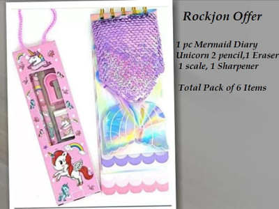 Rockjon 1 Mermaid Diary, Unicorn 2 pencil, 1 Eraser, 1 scale, 1 Sharpener, Random, Pack of 6 A5 Diary Ruled 80 Pages(Random, Pack of 6)