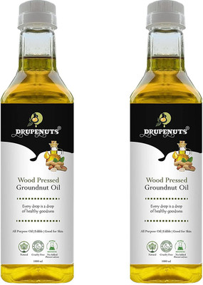 Drupenuts Wood Pressed Cold Pressed Groundnut Oil (Peanut)| Kolhu/ Kacchi Ghani/ Chekku | Natural & Chemical-Free Groundnut Oil Plastic Bottle(2 x 1 L)