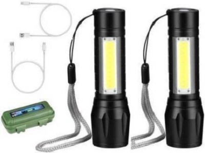 AKR (Pack of 2) Mini Rechargeable Pocket Torch Light Super Bright Zoom COB USB Charging Torch Led Flashlight Water Proof Torch (Black : Rechargeable) 8 hrs Torch Emergency Light(Black)