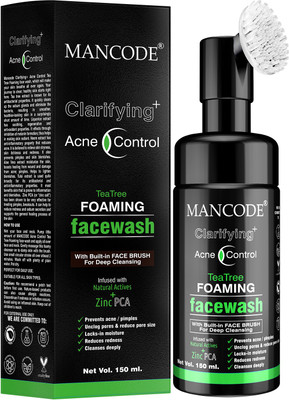 MANCODE Clarifying Acne Control Tea Tree Foaming , With Built-in FACE BRUSH for Deep Cleansing , Infused with Natural Actives and Zinc PCA, Prevents Acne, Reduces Redness and Cleanses Deeply, 150ml Face Wash(150 ml)