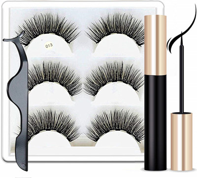 Vinayakart Magnetic Eyeliner and 3 False Eyelashes. 3D Chemical Fiber Free Glue 3 Pairs ( Size No 13 )