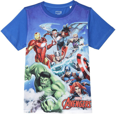 Marvel by Wear Your Mind Boys Graphic Print Polycotton Regular T Shirt(Blue, Pack of 1)