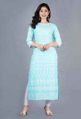 fabelo Women Printed Straight Kurta(Blue)