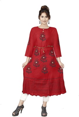 Oxipital Club Women Embellished Anarkali Kurta(Red)