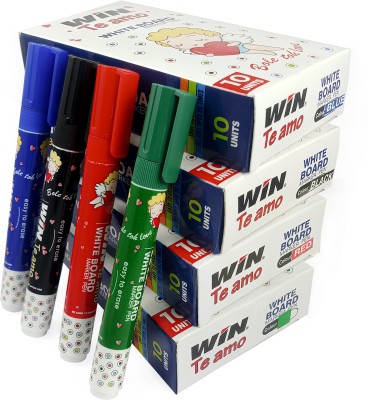 Win Te amo White Board Marker | 40 Pcs( 10 Blue Ink, 10 Black Ink, 10 Red Ink & 10 Green Ink) | Easily Eraseable Ink | Refillable Upto 20 Times | Ideal for School, Office & Business Use| Budget friendly(Set of 40, Multicolor)