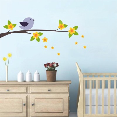 GharKraft 50 cm Flower tree with bird Self Adhesive Sticker(Pack of 1)