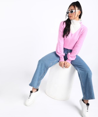 Urbanic Solid V Neck Casual Women Pink Sweater