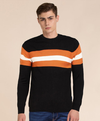 NUMERO UNO Striped Crew Neck Casual Men Black Sweater