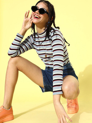SASSAFRAS Casual Striped Women White, Blue Top
