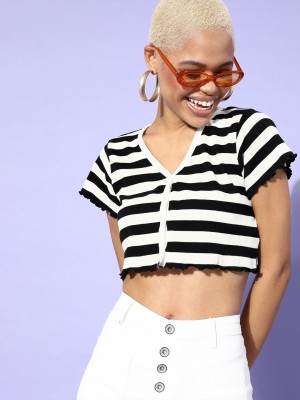 SASSAFRAS Casual Striped Women White, Black Top