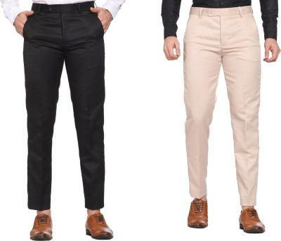 Maleno Slim Fit Men Black, Cream Trousers