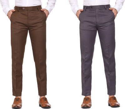 SYLZON Slim Fit Men Brown, Grey Trousers