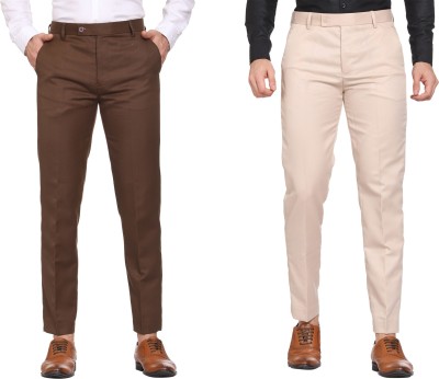 SYLZON Slim Fit Men Brown, Cream Trousers