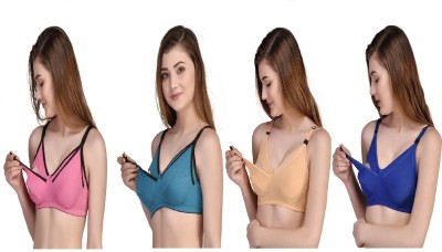 Desiprime Poly Cotton B Cup Feeding Bra Set of 4 Women Maternity/Nursing Non Padded Bra(Pink, Green, Beige, Blue)