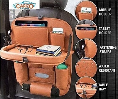 CARIZO Heavy Leather Car Back Seat Organizer with Foldable Dining Table Tray Waterproof Storage Pockets (Tan) Compatible with HYUNDAI Car Storage Bag & Bin(10 L)