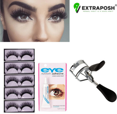 Extraposh Eyelash Curler With False Thickest Ever Eye Lashes Natural Premium Quality Eyelashes & Waterproof False Eyelashes Makeup Adhesive Eye Lash Glue Clear White