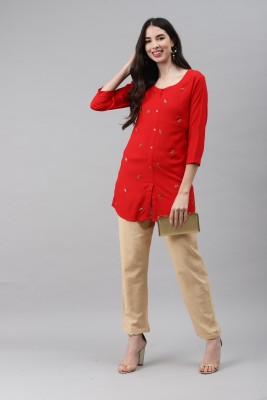 Highlight fashion export Women Embroidered Straight Kurta(Red)