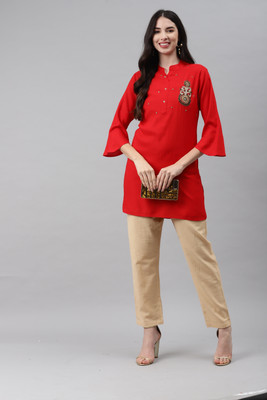 Highlight fashion export Women Embroidered Straight Kurta(Red)