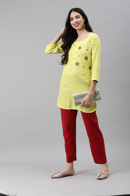 Highlight fashion export Women Embroidered Straight Kurta(Yellow)