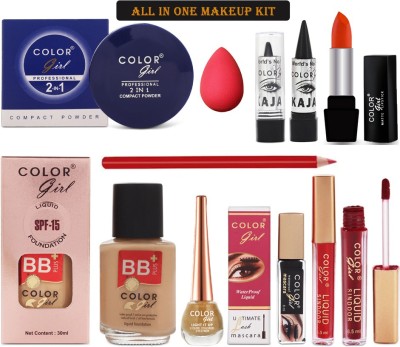 Color Girl Makeup Kit with All in One(10 Items) Compact 2 IN 1+Foundation+Puff+Kajal+Lipstick+Lip Liner +Mascara+Eye Liner+Sindoor-CRTA30(Pack of 10)