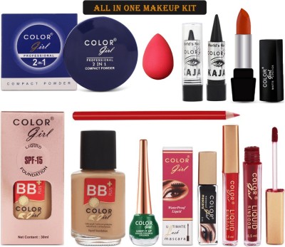 Color Girl Makeup Kit with All in One(10 Items) Compact 2 IN 1+Foundation+Puff+Kajal+Lipstick+Lip Liner +Mascara+Eye Liner+Sindoor-CRTA37(Pack of 10)