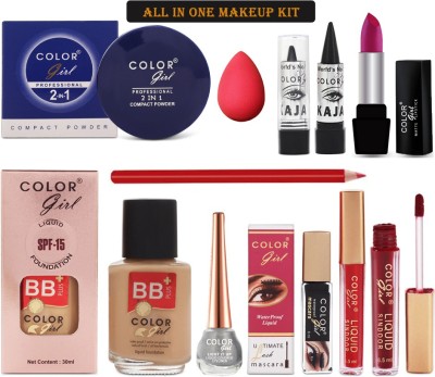 Color Girl Makeup Kit with All in One(10 Items) Compact 2 IN 1+Foundation+Puff+Kajal+Lipstick+Lip Liner +Mascara+Eye Liner+Sindoor-CRTA57(Pack of 10)