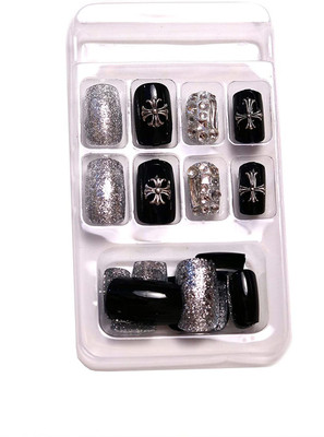 HEAVEN 24pc Set French Full Artificial Nails With Free Application KIt (Black +Stone)(black+stone)