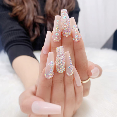 HEAVEN 24pc Set Of Extra Long Peach French Artificial Nails With Stone With Free Application KIt(peach)