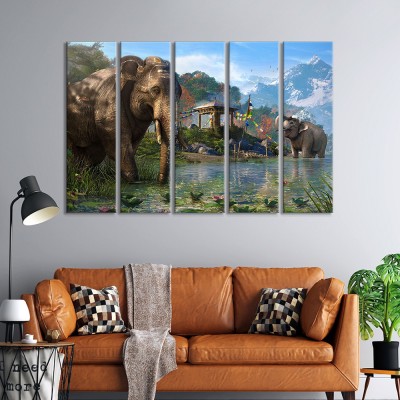 999Store Multicolor Rectangular Engineering Wood Waterfall Elephant Wall Frames Painting (Set of 5) Digital Reprint 30 inch x 51.18 inch Painting(With Frame, Pack of 5)