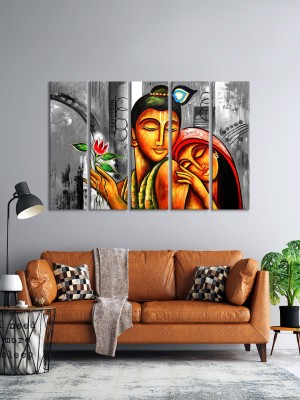 999Store Yellow Rectangular Engineering Wood Radha Krishna Wall Frames Painting (Set of 5) Digital Reprint 30 inch x 51.18 inch Painting(With Frame, Pack of 5)