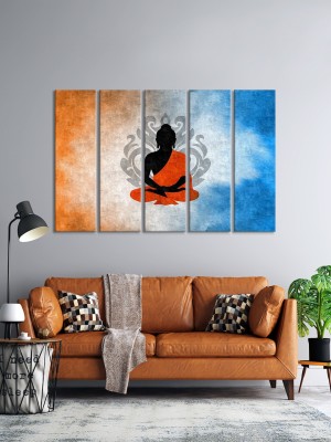 999Store Orange Rectangular Engineering Wood Lord Buddha Wall Frames Painting (Set of 5) Digital Reprint 30 inch x 51.18 inch Painting(With Frame, Pack of 5)