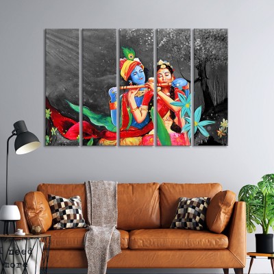 999Store Multi Rectangular Engineering Wood Lord Radha Krishna Wall Frames Painting (Set of 5) Digital Reprint 30 inch x 51.18 inch Painting(With Frame, Pack of 5)