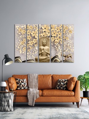 999Store Golden Rectangular Engineering Wood Lord Buddha With Flowers Wall Frames Painting (Set of 5) Digital Reprint 30 inch x 51.18 inch Painting(With Frame, Pack of 5)