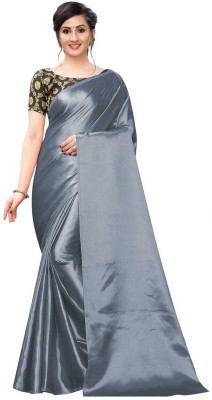 Hari Om Fab Solid/Plain Bollywood Satin Saree(Grey)