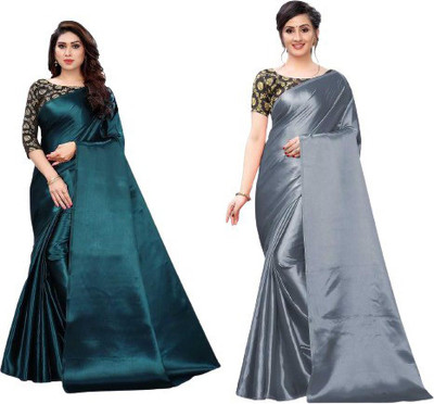 Hari Om Fab Solid/Plain Bollywood Satin Saree(Pack of 2, Dark Green, Grey)