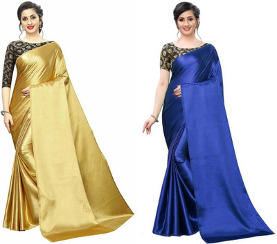 Hari Om Fab Solid/Plain Bollywood Satin Saree(Pack of 2, Gold, Blue)