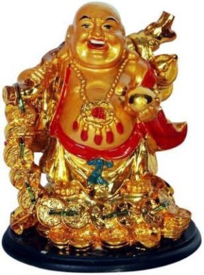 GJ Feng Shui Laughing Buddha with Coin Chain Decorative Showpiece  -  12 cm(Polyresin, Gold)