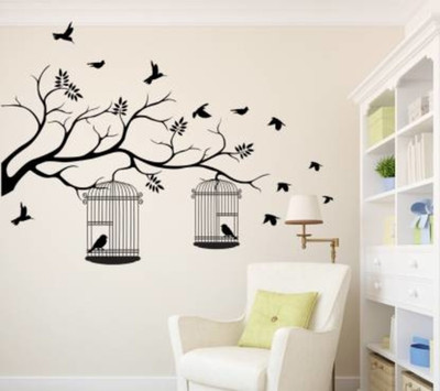 LANSTICK 121.92 cm BIRDS IN THE CAGE HOLDING TREE STICKER Self Adhesive Sticker(Pack of 1)