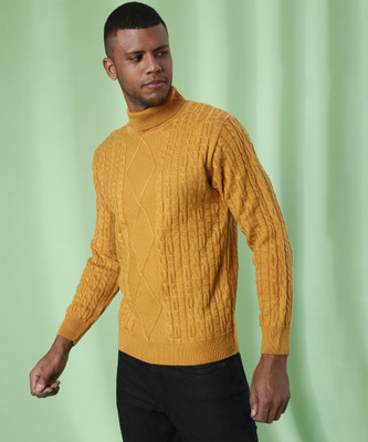 CAMPUS SUTRA Self Design High Neck Casual Men Yellow Sweater