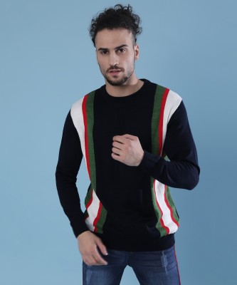 CAMPUS SUTRA Striped Round Neck Casual Men Blue Sweater