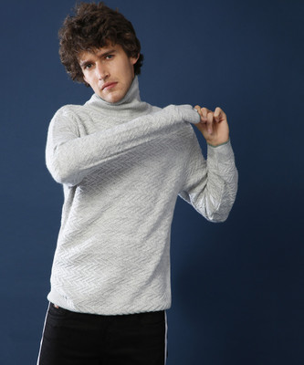 CAMPUS SUTRA Chevron/Zig Zag High Neck Casual Men Grey Sweater