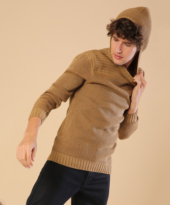 CAMPUS SUTRA Solid Hooded Neck Casual Men Beige Sweater