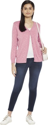 Honey By Pantaloons Printed V Neck Casual Women Pink Sweater