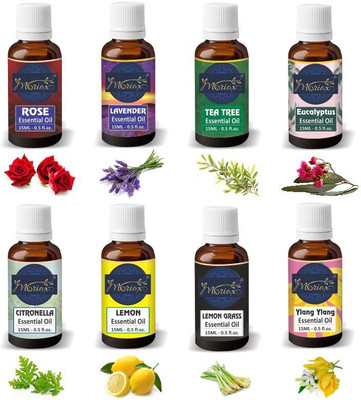 MORIOX Rose Lavender Tea Tree Eucalyptus Citronella Lemon Lemongrass and Ylang Ylang Essential Oil -Pack of 8(120 ml)