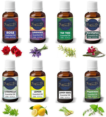 MORIOX Rose Lavender Tea Tree Eucalyptus Citronella Lemon Lemongreass and Peppermint Essential Oil -Pack of 8(120 ml)