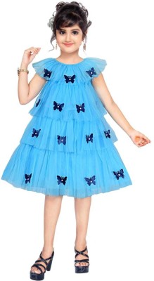 Malabis Collection Girls Midi/Knee Length Party Dress(Light Blue, Short Sleeve)