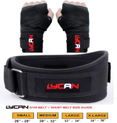 LYCAN Combo Fitness Gym Belt (M) Size (30-34) & Boxing Hand Wrap Black Fitness Accessory Kit Kit