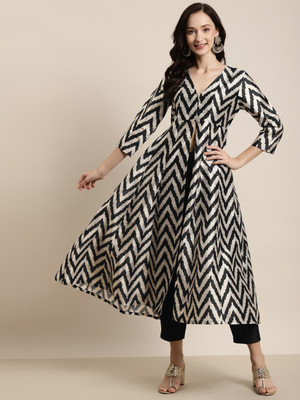 Shae by SASSAFRAS Women Geometric Print Anarkali Kurta(Black)